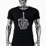 Black t-shirt with rhinestone skeleton hand graphic making a raised middle finger gesture by Rico Starr