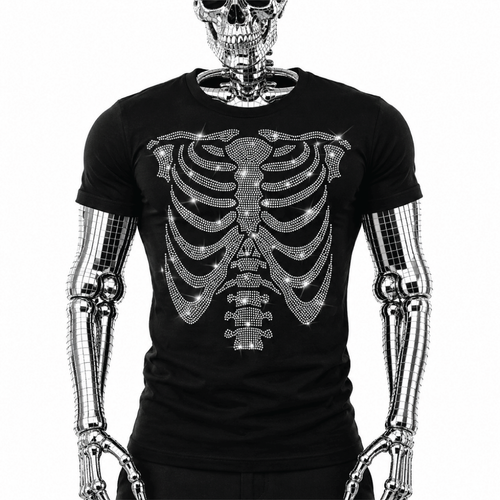 Black t-shirt with rhinestone skeleton ribcage and spine graphic covering the torso by Rico Starr