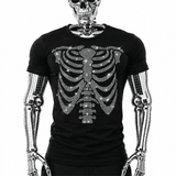 Black t-shirt with rhinestone skeleton ribcage and spine graphic covering the torso by Rico Starr