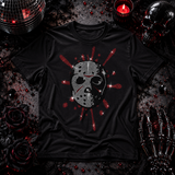 A black short-sleeve graphic T-shirt featuring a rhinestone-embellished hockey mask design with red and silver details and radiating red sparkles of blood by Rico Starr