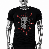 Black t-shirt with rhinestone horror hockey mask graphic and red blood-splatter accents, a slasher-style Halloween shirt by Rico Starr