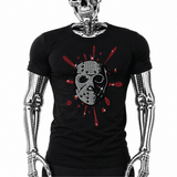 Black t-shirt with rhinestone horror hockey mask graphic and red blood-splatter accents, a slasher-style Halloween shirt by Rico Starr