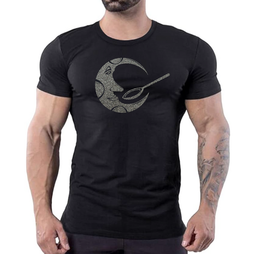 Black t-shirt with glitter disco moon face graphic inspired by Studio 54 nightlife, men’s clubwear by Rico Starr