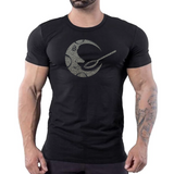 Black t-shirt with glitter disco moon face graphic inspired by Studio 54 nightlife, men’s clubwear by Rico Starr