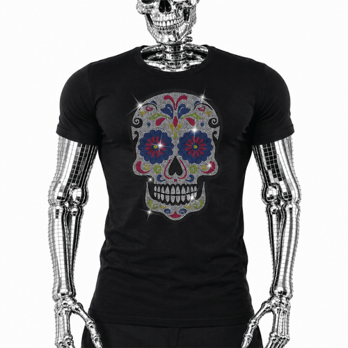 Black t-shirt with colorful rhinestone sugar skull graphic featuring floral eye and nose designs, Day of the Dead style by Rico Starr