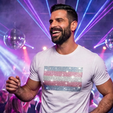 T-shirt with rhinestone Trans Pride flag design by Rico Starr