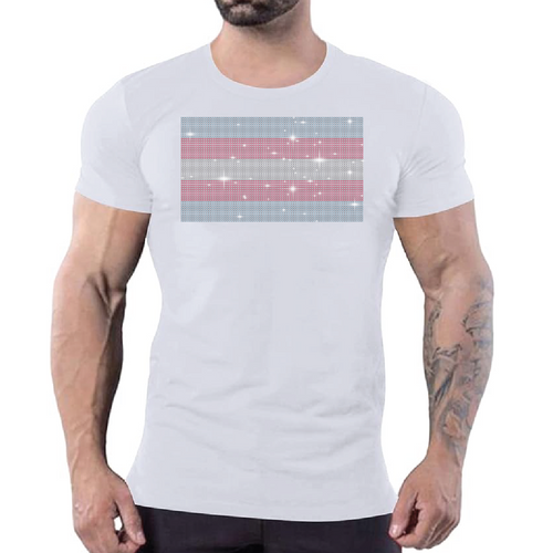 T-shirt with rhinestone Trans Pride flag design by Rico Starr
