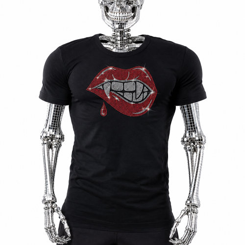 Black t-shirt with rhinestone vampire lips graphic featuring red lips, fangs, and a dripping blood drop by Rico Starr