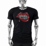 Black t-shirt with rhinestone vampire lips graphic featuring red lips, fangs, and a dripping blood drop by Rico Starr