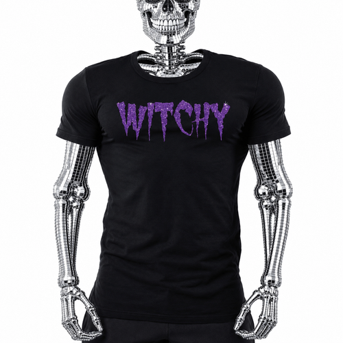 Black t-shirt with purple glitter "Witchy" text in a dripping, spooky font design by Rico Starr
