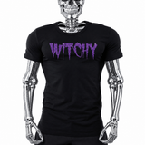 Black t-shirt with purple glitter "Witchy" text in a dripping, spooky font design by Rico Starr