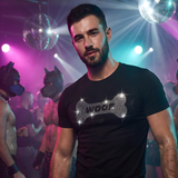 Black t-shirt with rhinestone dog bone and “Woof” text, gay pup clubwear for men by Rico Starr