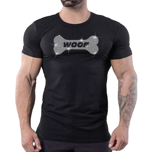 Black t-shirt with rhinestone dog bone and “Woof” text, gay pup clubwear for men by Rico Starr